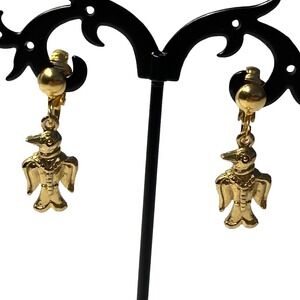 Vintage Gold Tone Bird Dangle Clip On Earrings Penguin Crow Eagle